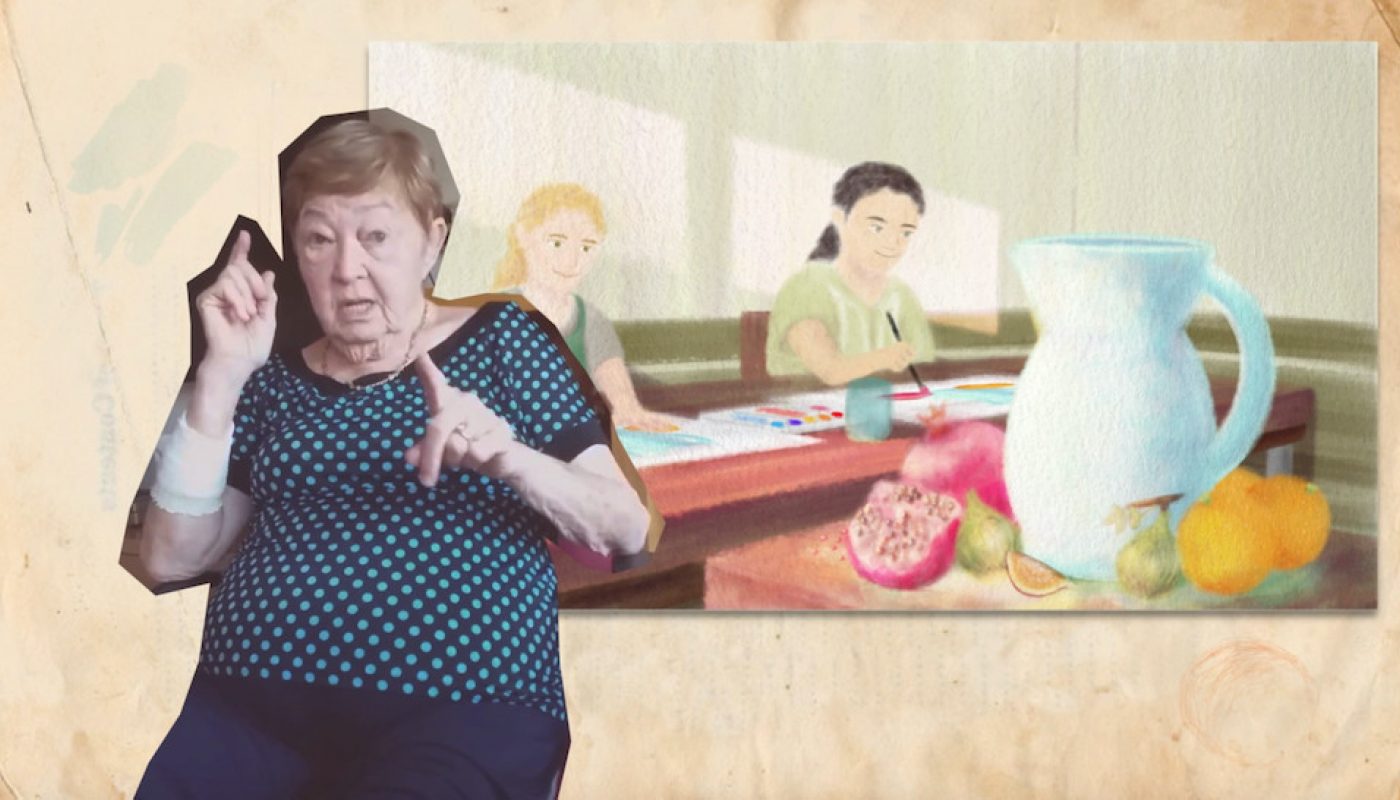 A collage still from an animated film: an older woman gestures in front of a painting of two girls ina still life art class.front